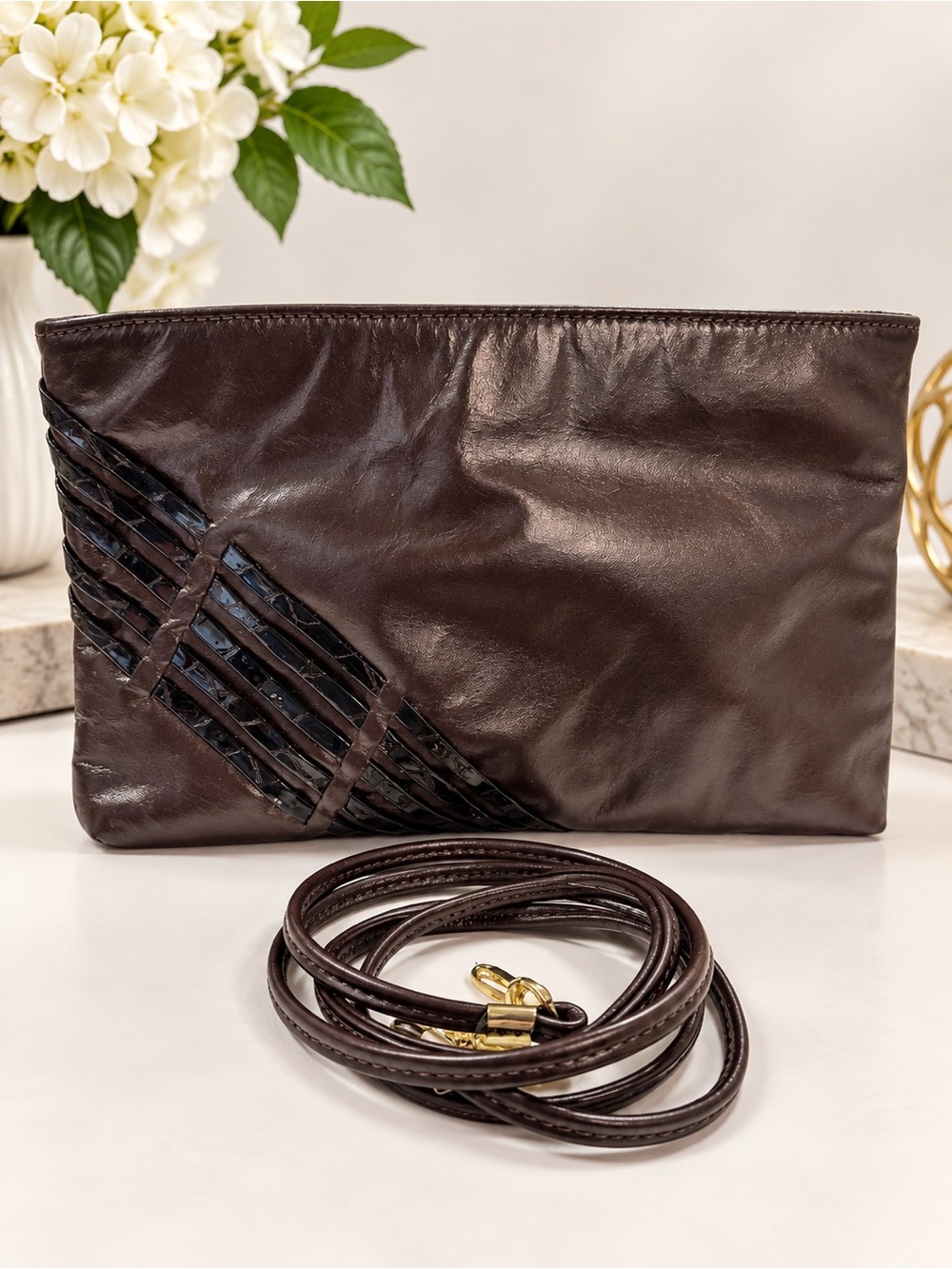 Vintage Dark Brown Leather Crossbody Bag Woven Accent Clutch